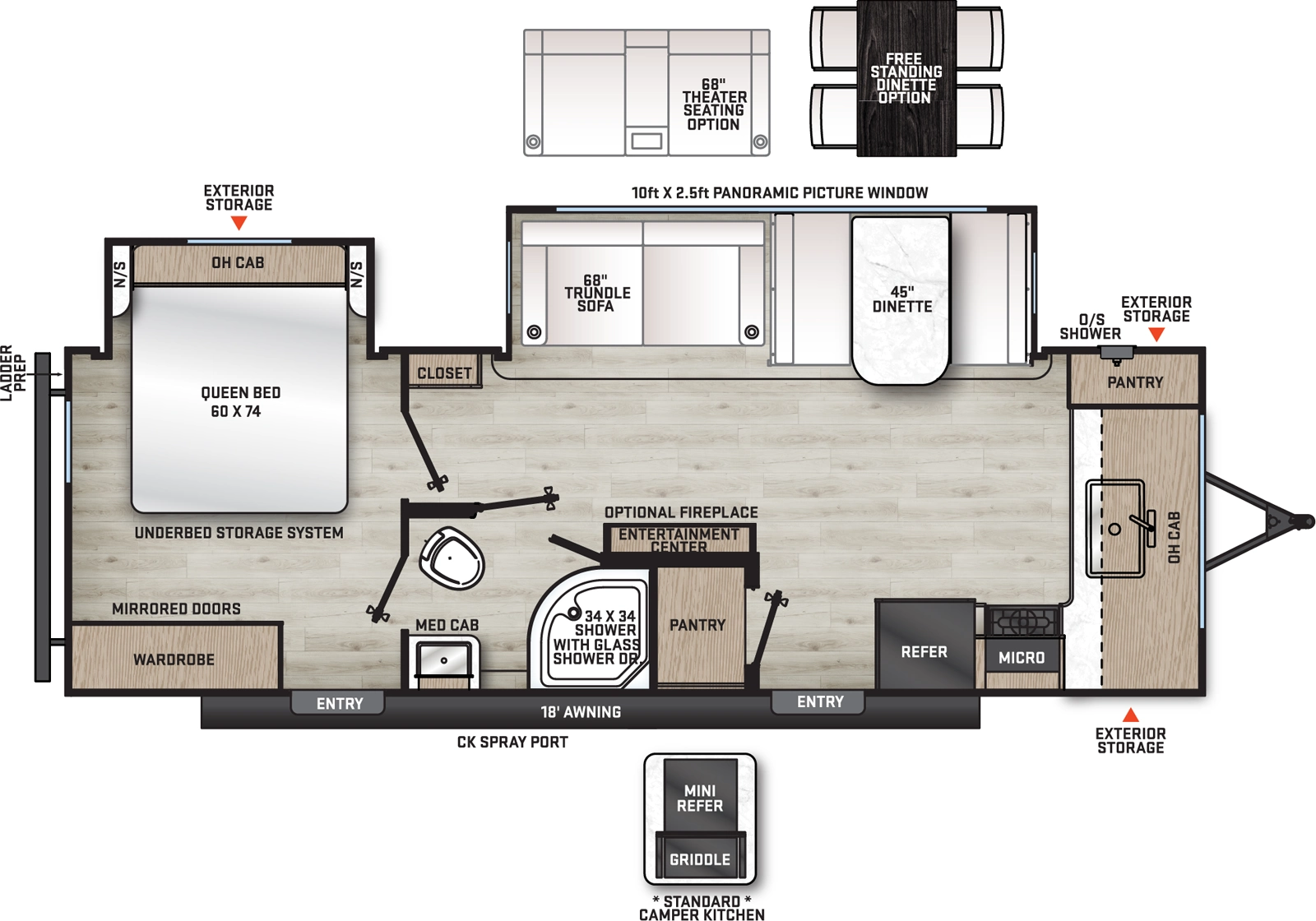 The Aurora 26FKDS floorplan has two entries and two slide outs. Exterior features include: metal exterior, 18' awning and outside kitchen. Interiors features include: front kitchen, free-standing dinette option and rear bedroom.